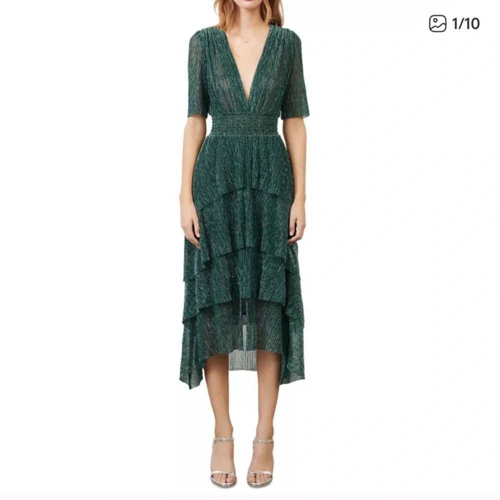 Maje Stretch Lurex Ruffled Dress in Emerald sz 40 8 - Picture 2 of 3